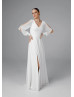 Long Sleeves Ivory Chiffon Slit Beach Wedding Dress